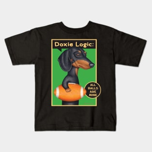 Classic Doxie Dog with football on Black Dachshund Holding Football Kids T-Shirt